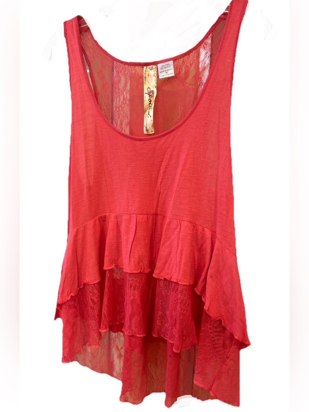 Spoiled Coral Lace Ruffle High Low Boho Tank Top M